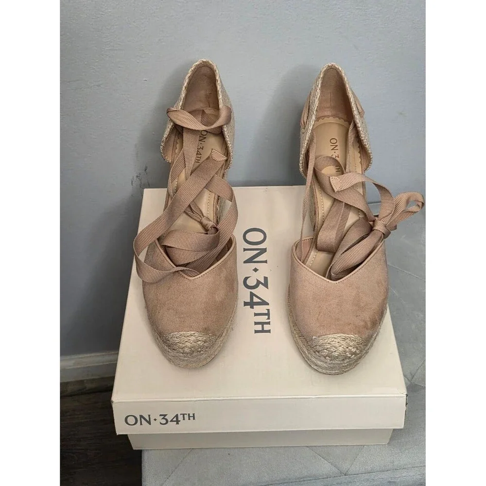 On 34th Mel8nda Buff Nude Espadrille Wedge Sandals with Ankle Tie, Sz 11, NIB